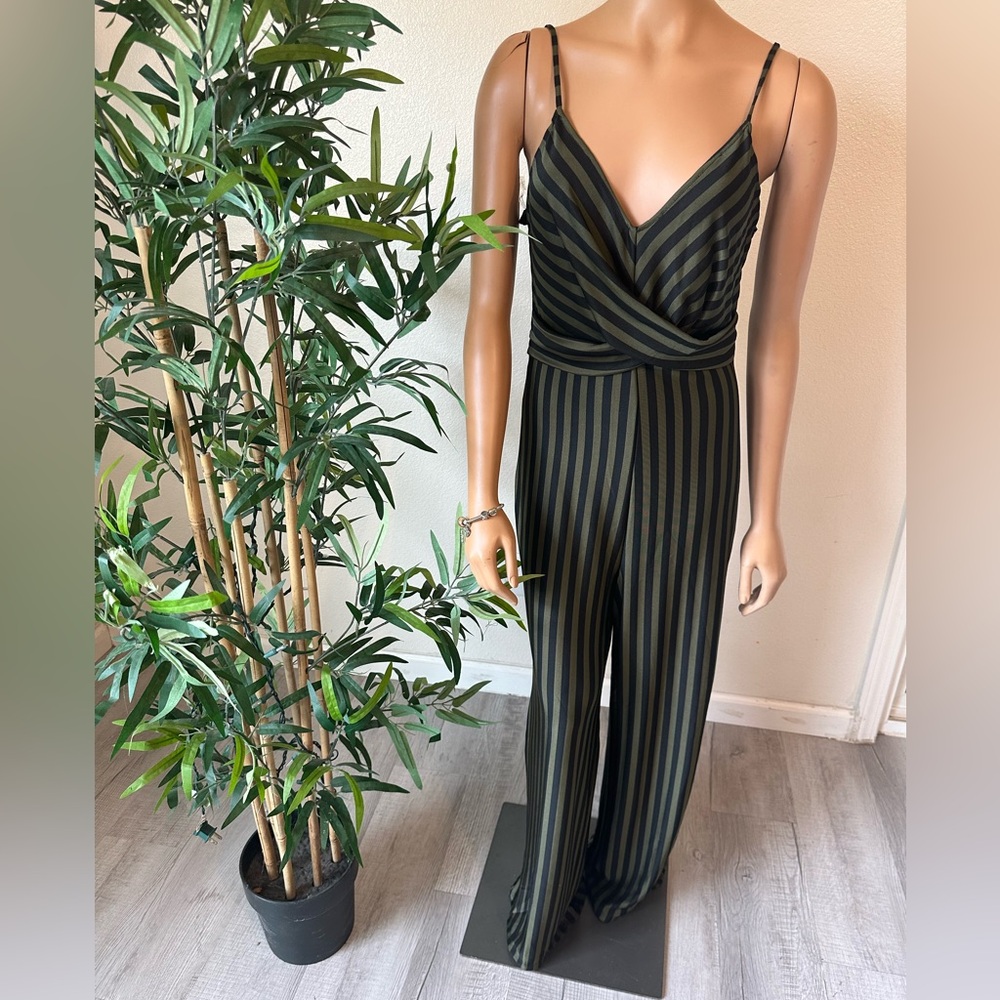 New beautiful olive green and black stripes jumpsuit